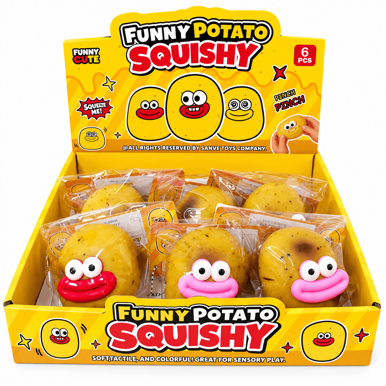 Funny potato squishy display with different color potatoes and no background