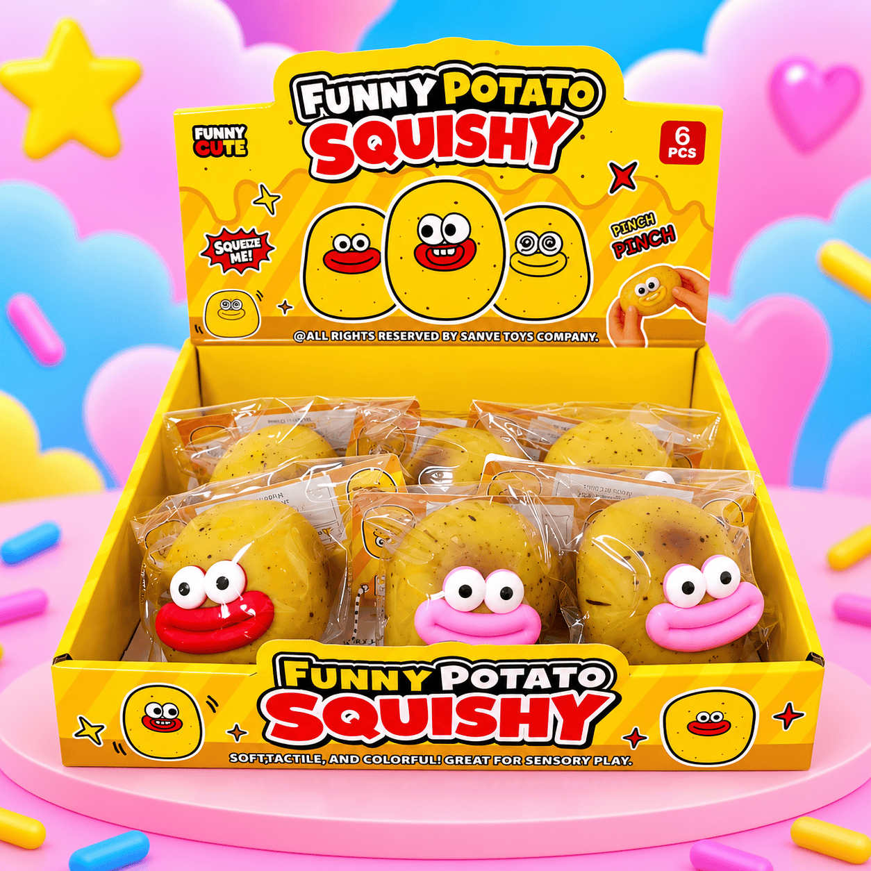 Funny potato squishy display with different color potatoes