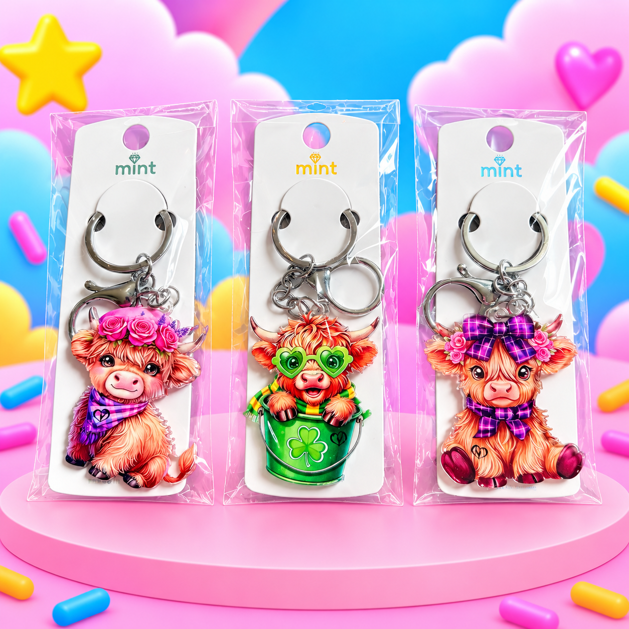 Highland cow keychains with different varieties