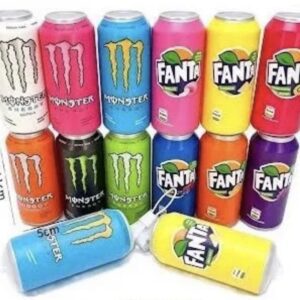 Energy and soda can squishys featuring different colors and the size