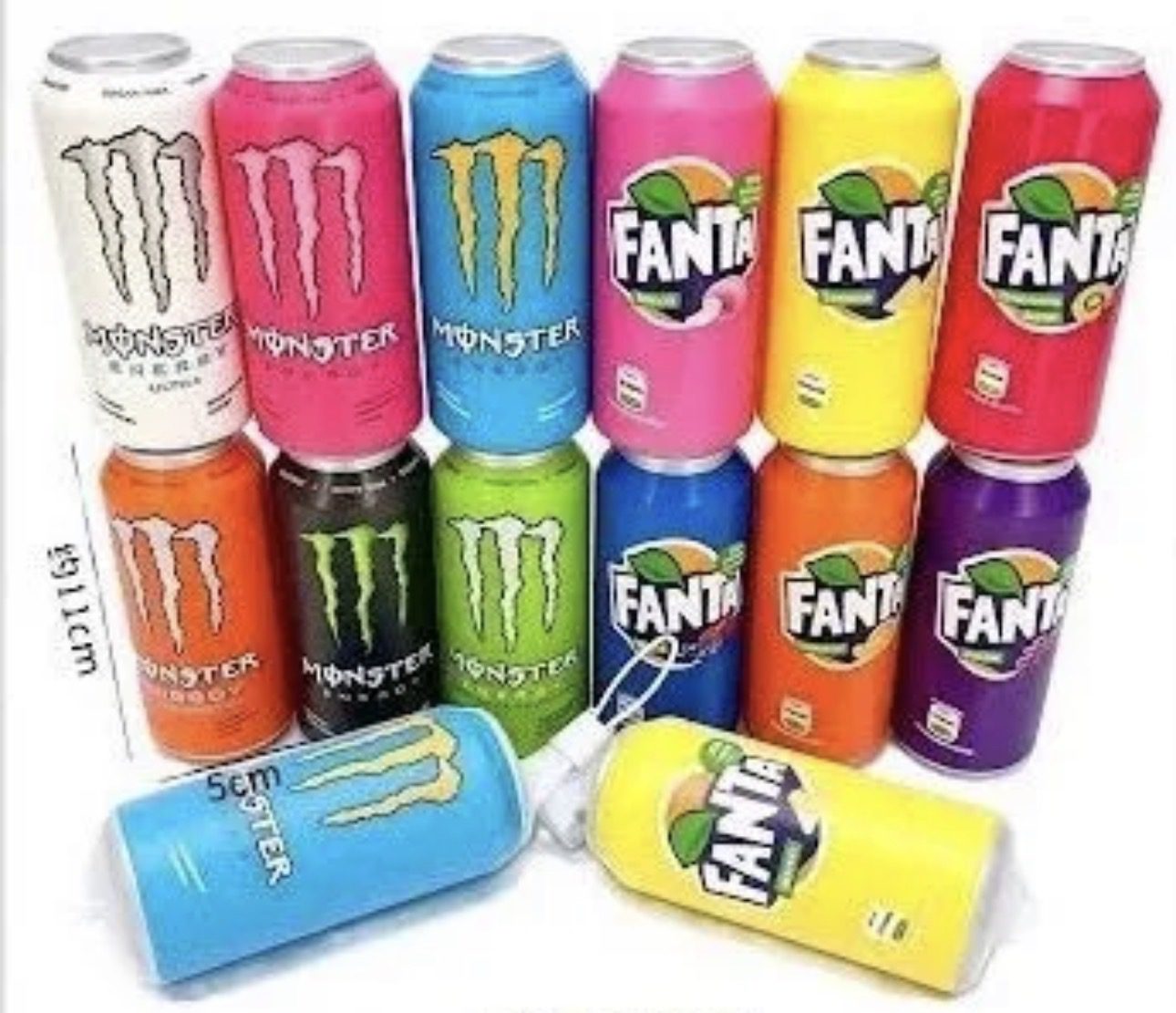 Energy and soda can squishys featuring different colors and the size